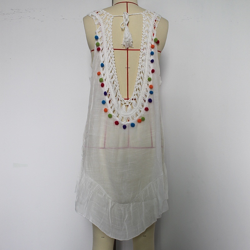 Womens Boho Beach Cover-Up Dress - Crochet V-Neck Sleeveless Mini Dress